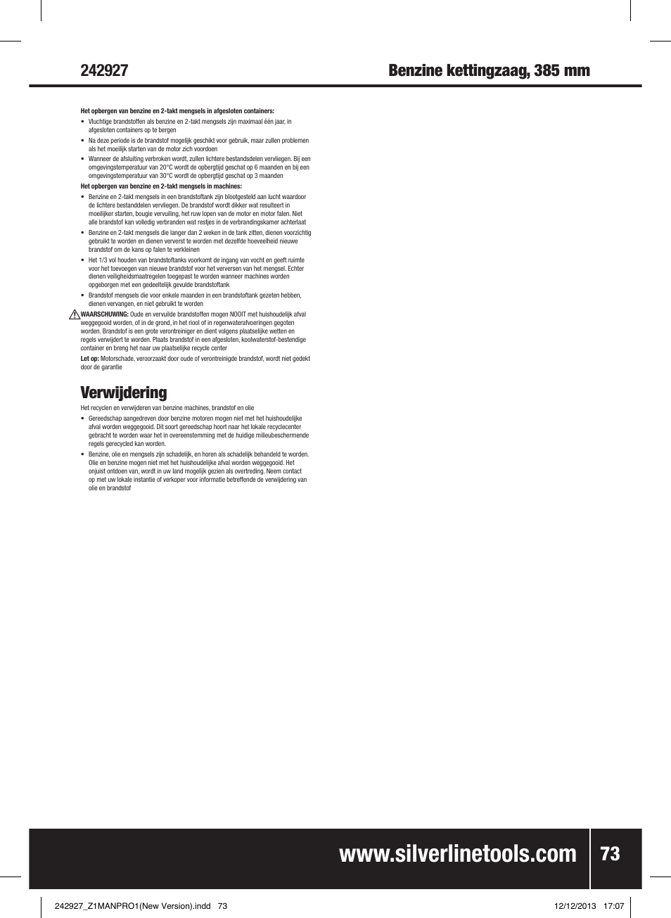 Verwijdering | Silverline 45cc Petrol Chainsaw User Manual | Page 74 / 76