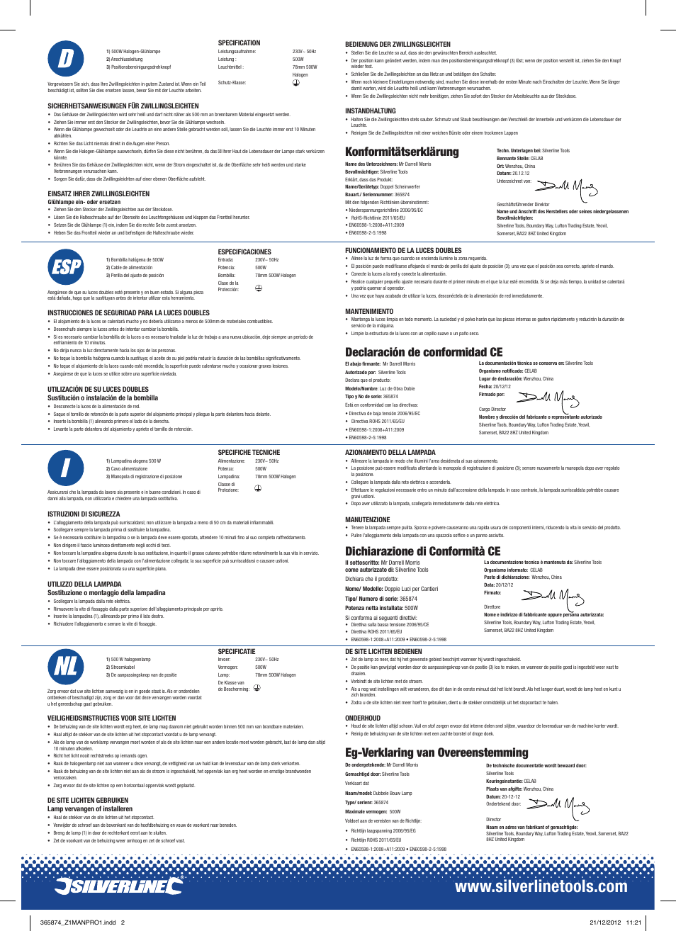 Konformitätserklärung, Eg-verklaring van overeenstemming, Declaración de conformidad ce | Dichiarazione di conformità ce | Silverline Twin Site Lights User Manual | Page 2 / 2