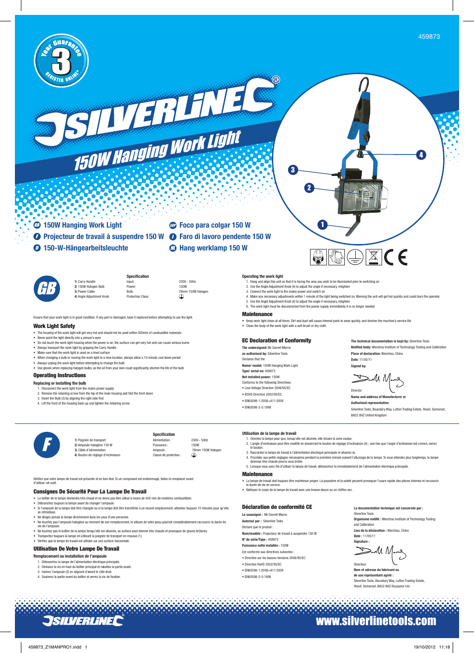 Silverline Hanging Work Light 150W User Manual | 2 pages