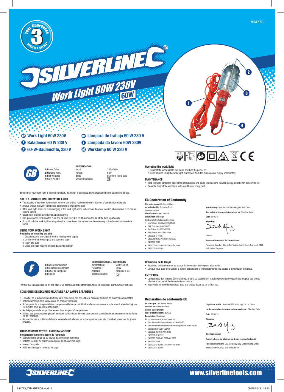 Silverline Work Light 60W 230V User Manual | 2 pages