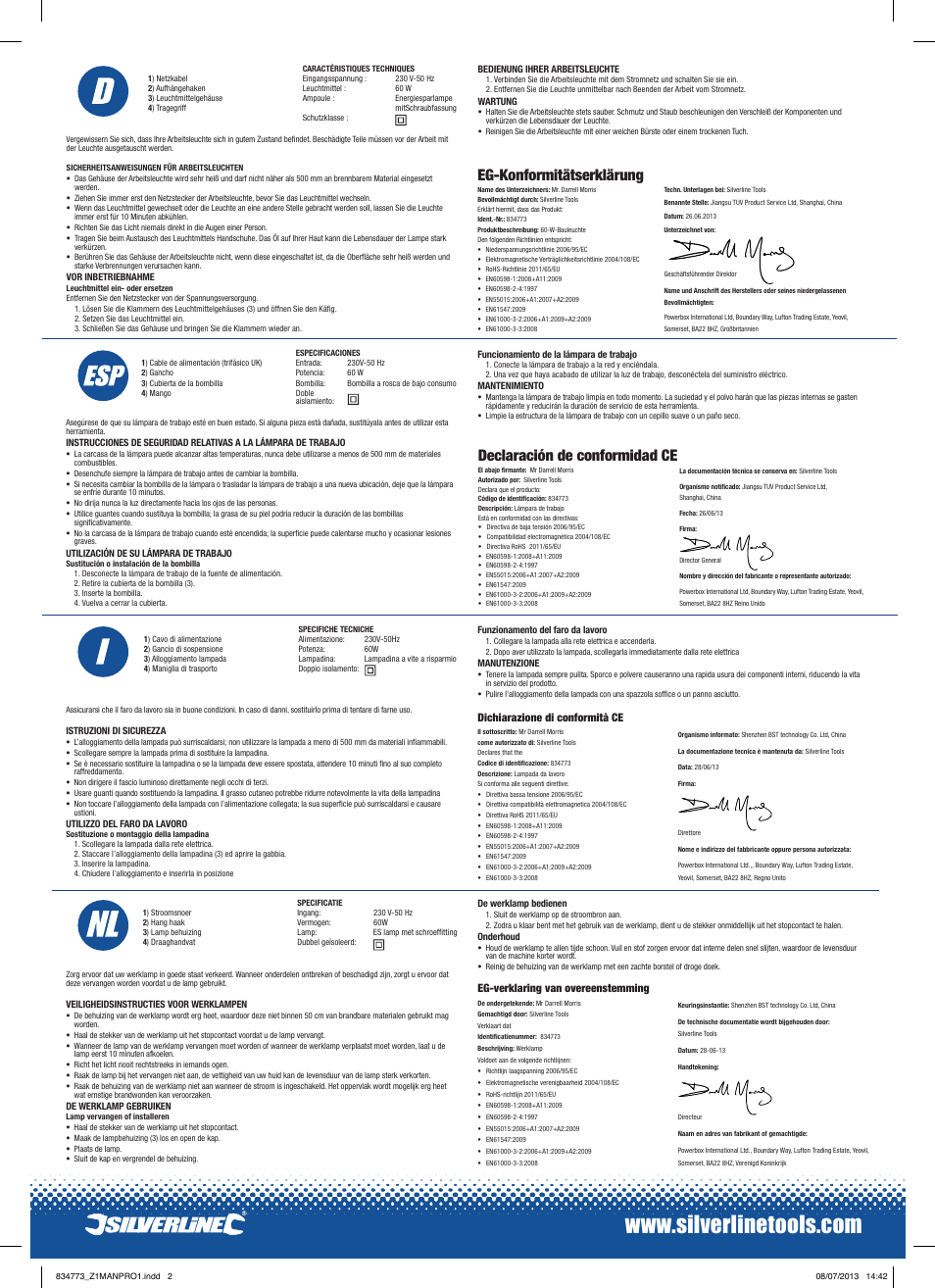 Declaración de conformidad ce, Eg-konformitätserklärung | Silverline Work Light 60W 230V User Manual | Page 2 / 2