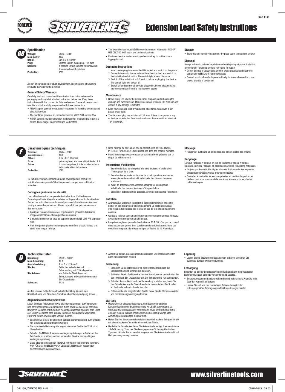 Silverline Switched Extension Lead User Manual | 2 pages