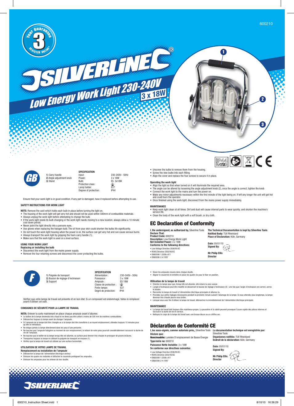 Silverline Low Energy Work Light 230V User Manual | 2 pages