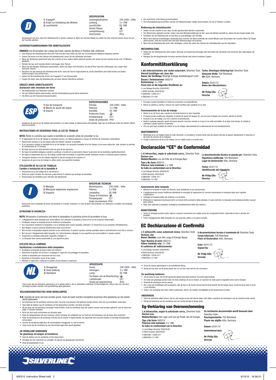 Nl i f, Nl i, Konformitätserklärung | Declaración “ce” de conformidad, Ec dechiarazione di confirmitá, Eg-verklaring van overeenstemming | Silverline Low Energy Work Light 230V User Manual | Page 2 / 2