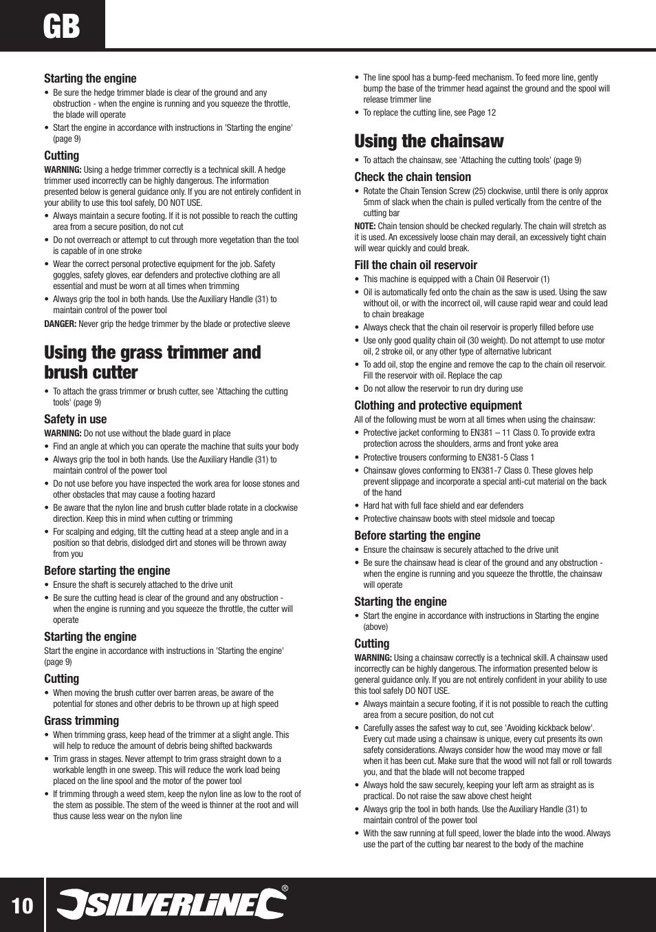 Using the grass trimmer and brush cutter, Using the chainsaw | Silverline Multi-Head Garden System 25cc User Manual | Page 11 / 54