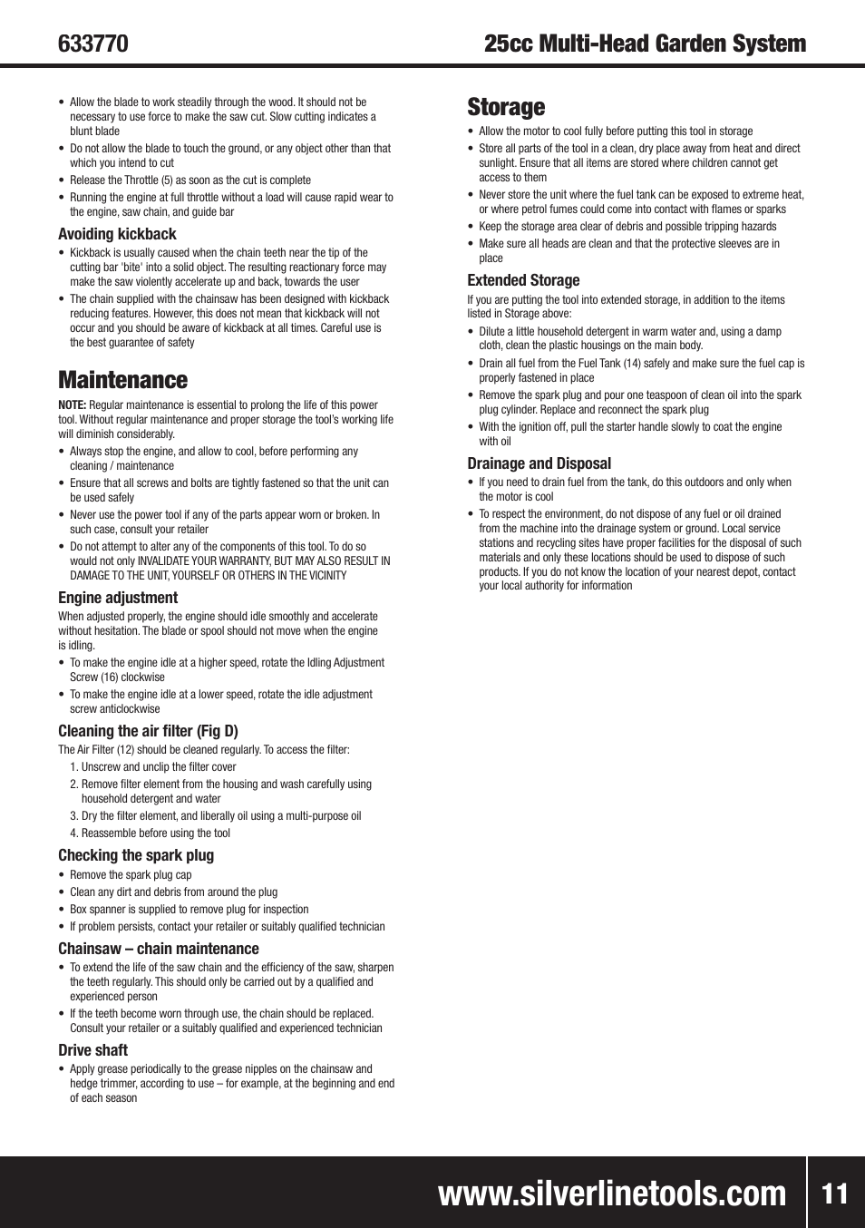 Maintenance, Storage | Silverline Multi-Head Garden System 25cc User Manual | Page 12 / 54