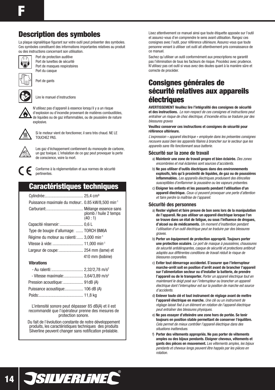 Description des symboles, Caractéristiques techniques | Silverline Multi-Head Garden System 25cc User Manual | Page 15 / 54