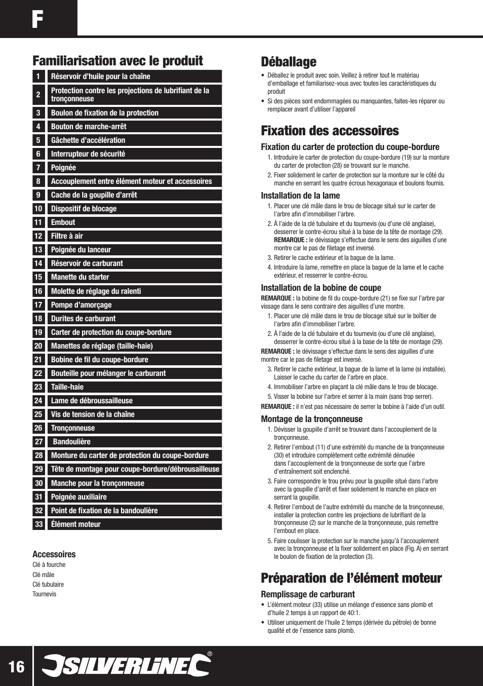 Déballage, Fixation des accessoires, Préparation de l’élément moteur | Familiarisation avec le produit | Silverline Multi-Head Garden System 25cc User Manual | Page 17 / 54