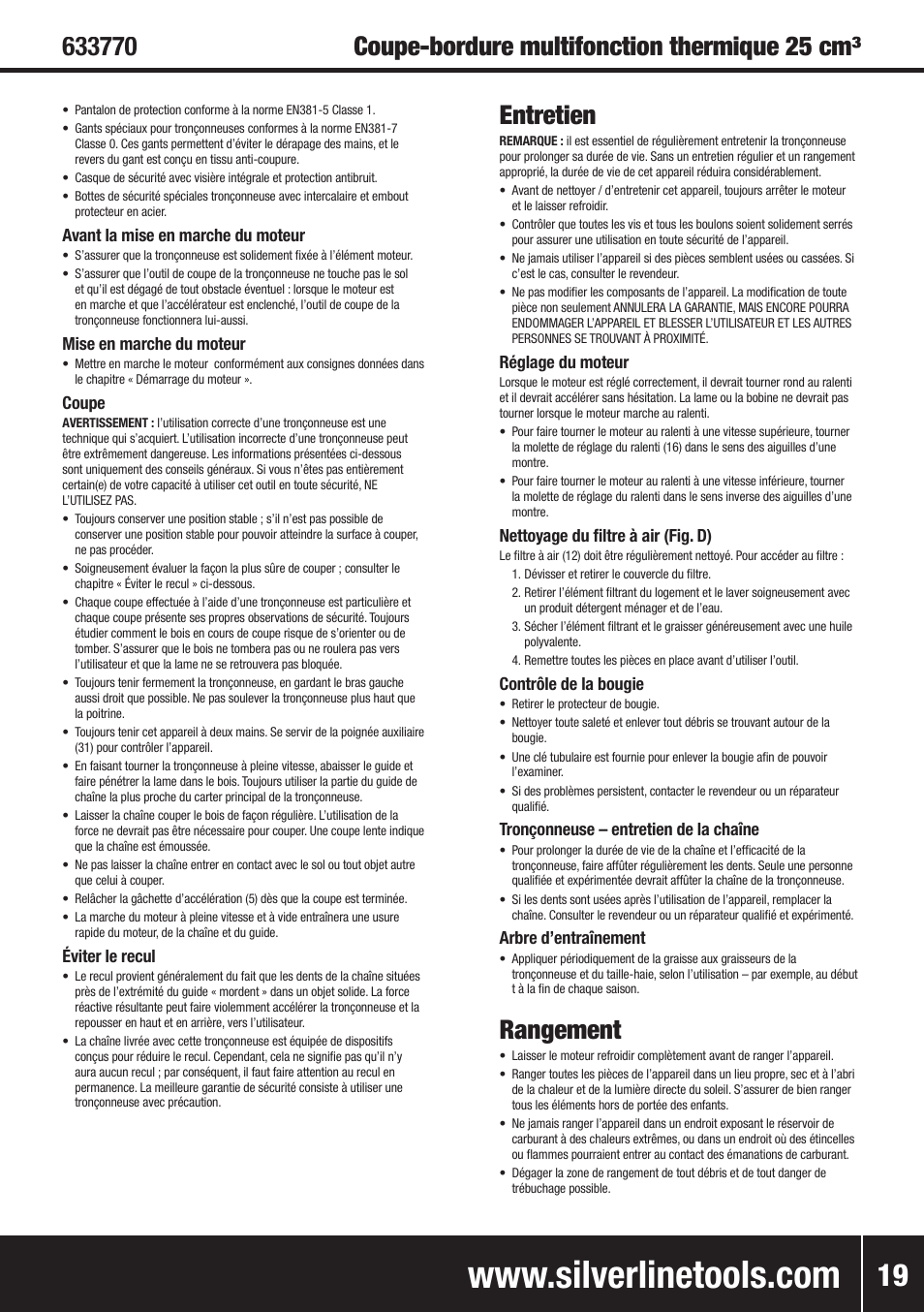 Entretien, Rangement | Silverline Multi-Head Garden System 25cc User Manual | Page 20 / 54