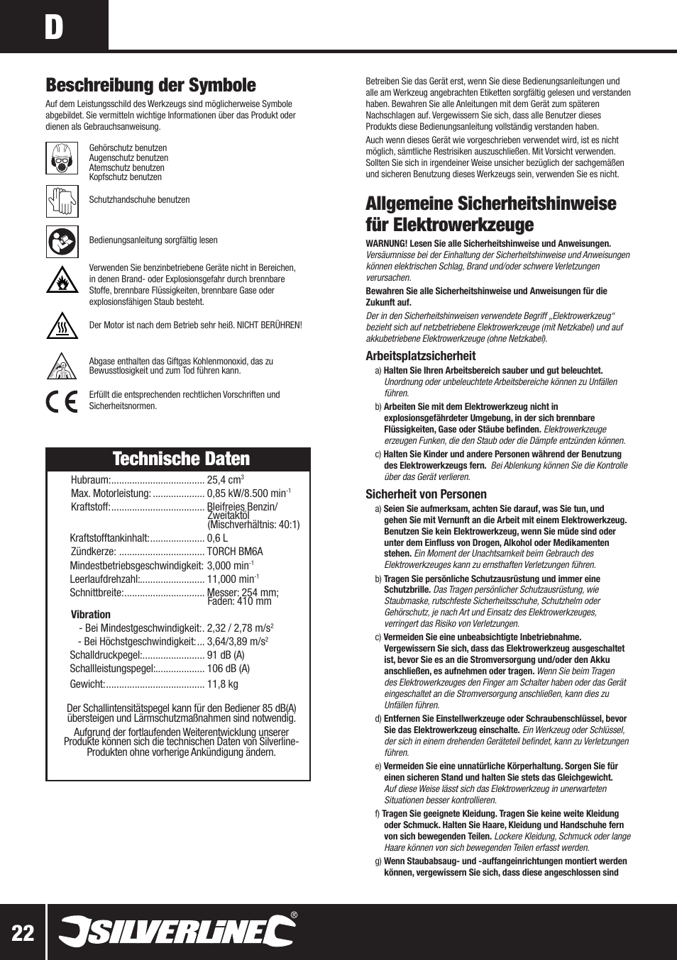 Beschreibung der symbole, Technische daten, Arbeitsplatzsicherheit | Sicherheit von personen | Silverline Multi-Head Garden System 25cc User Manual | Page 23 / 54