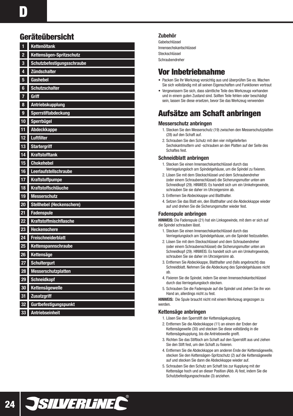 Vor inbetriebnahme, Aufsätze am schaft anbringen, Geräteübersicht | Silverline Multi-Head Garden System 25cc User Manual | Page 25 / 54