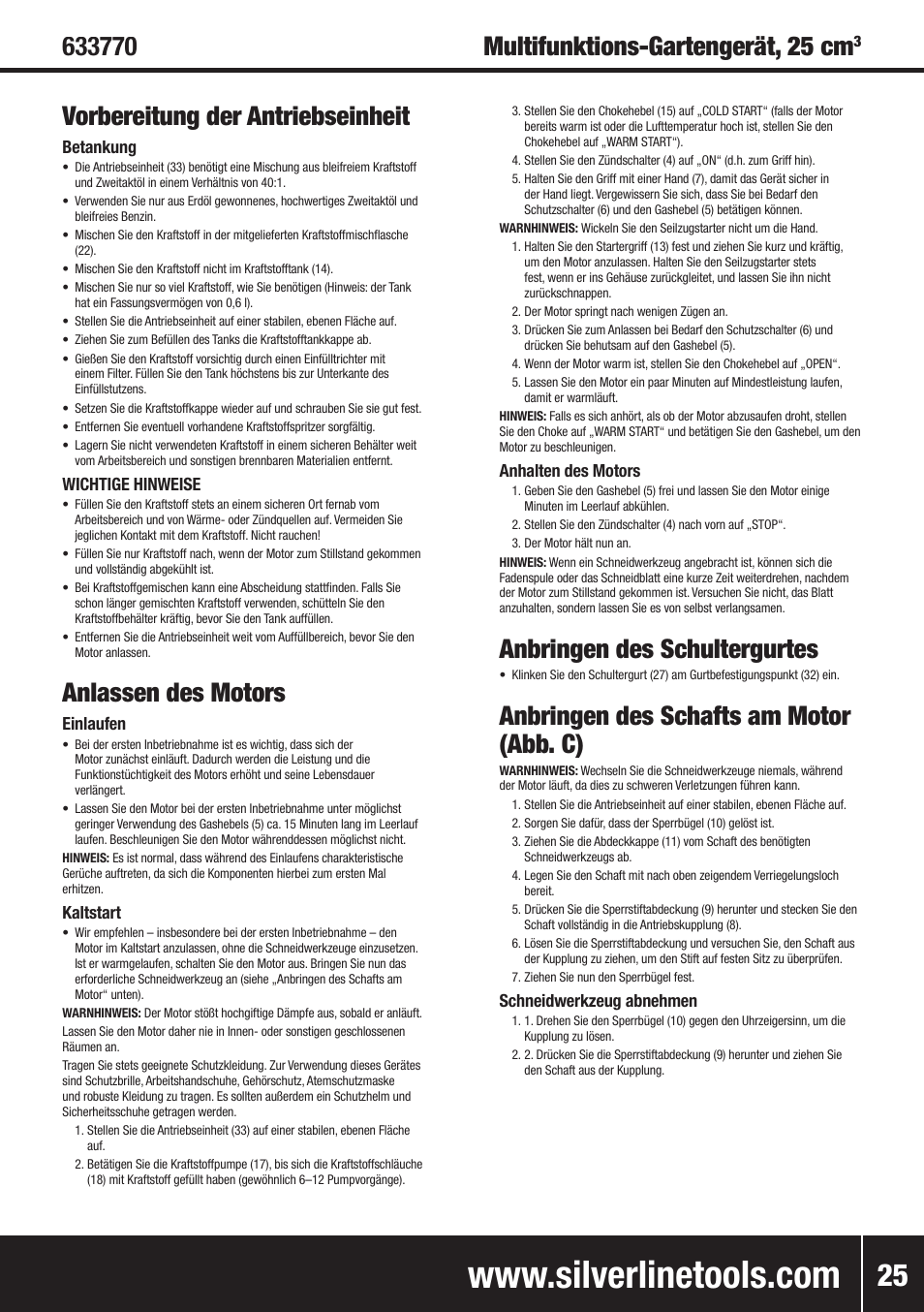 Vorbereitung der antriebseinheit, Anlassen des motors, Anbringen des schultergurtes | Anbringen des schafts am motor (abb. c) | Silverline Multi-Head Garden System 25cc User Manual | Page 26 / 54