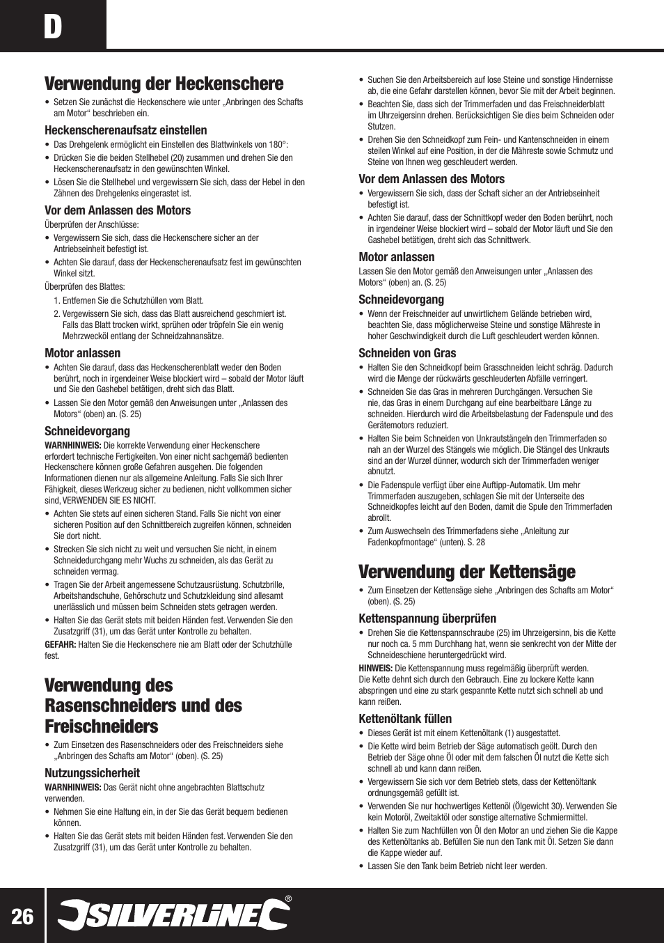 Verwendung der kettensäge, Verwendung der heckenschere | Silverline Multi-Head Garden System 25cc User Manual | Page 27 / 54