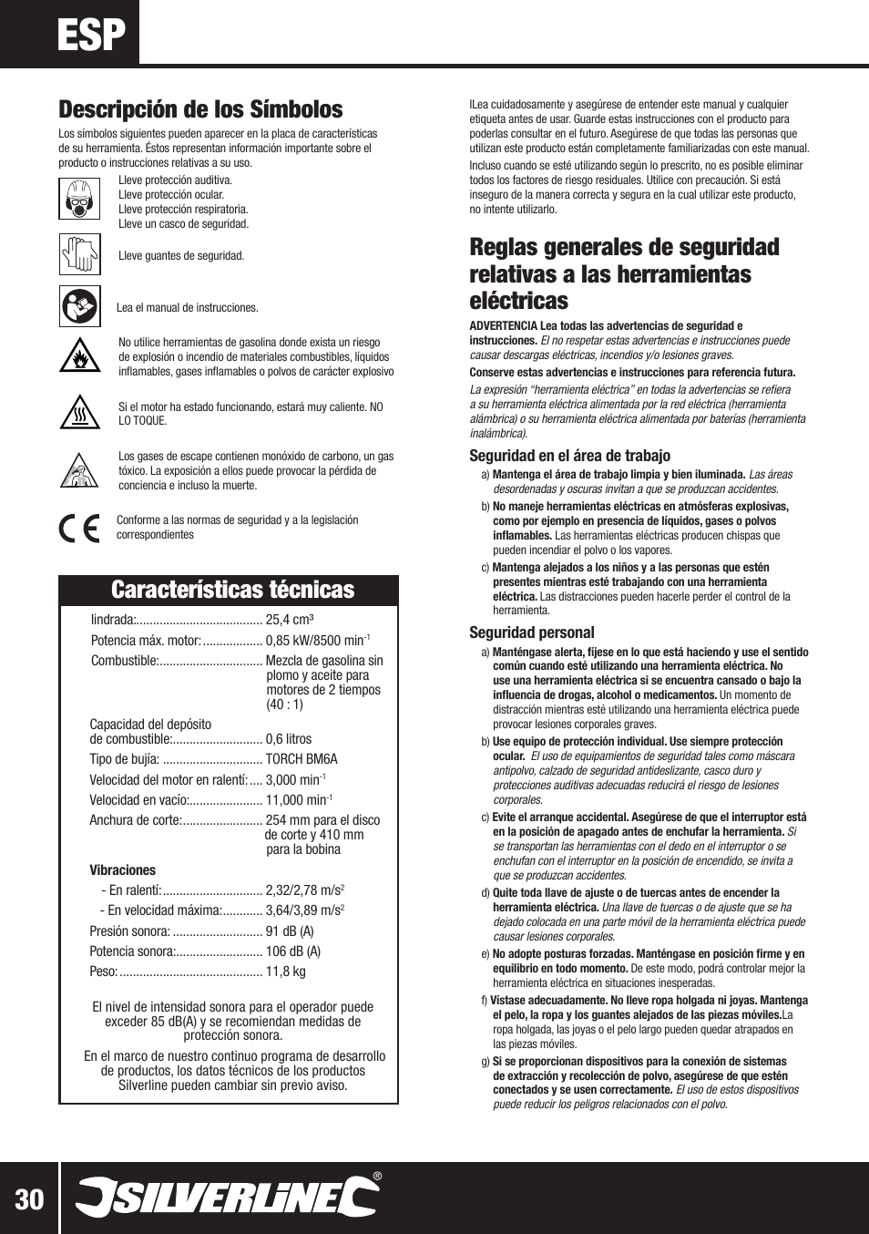 Descripción de los símbolos, Características técnicas | Silverline Multi-Head Garden System 25cc User Manual | Page 31 / 54