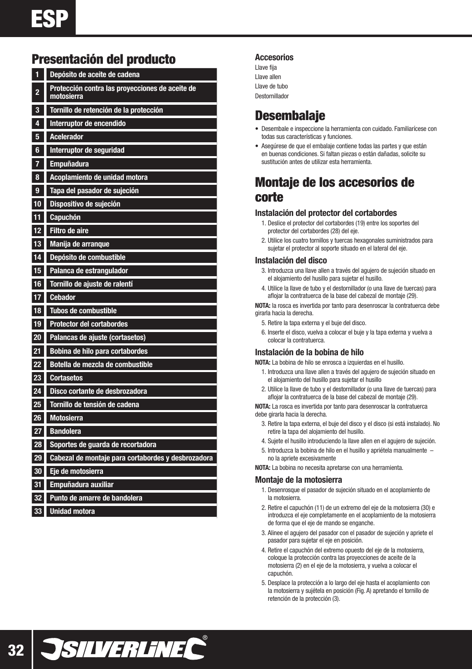 Presentación del producto, Desembalaje, Montaje de los accesorios de corte | Silverline Multi-Head Garden System 25cc User Manual | Page 33 / 54