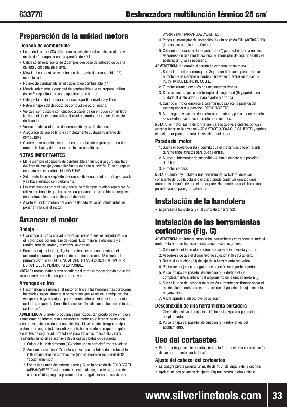 Preparación de la unidad motora, Arrancar el motor, Instalación de la bandolera | Uso del cortasetos | Silverline Multi-Head Garden System 25cc User Manual | Page 34 / 54