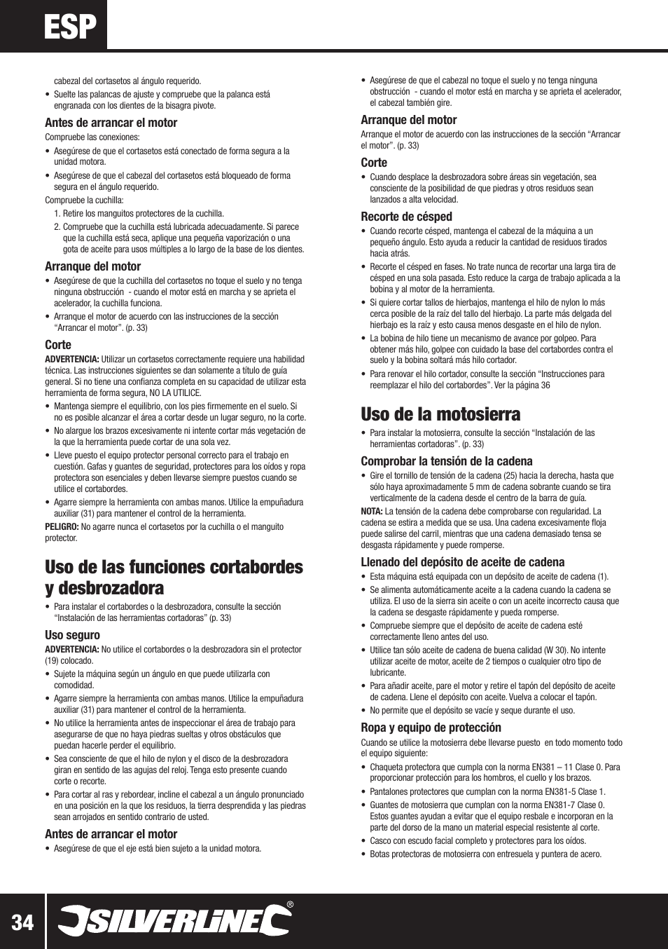 Uso de las funciones cortabordes y desbrozadora, Uso de la motosierra | Silverline Multi-Head Garden System 25cc User Manual | Page 35 / 54