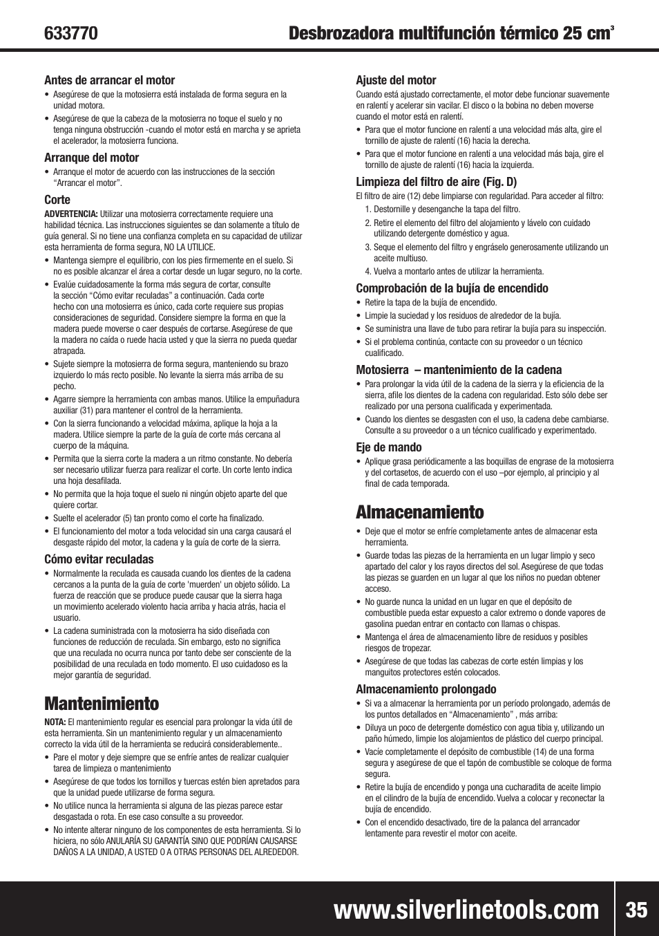 Mantenimiento, Almacenamiento | Silverline Multi-Head Garden System 25cc User Manual | Page 36 / 54