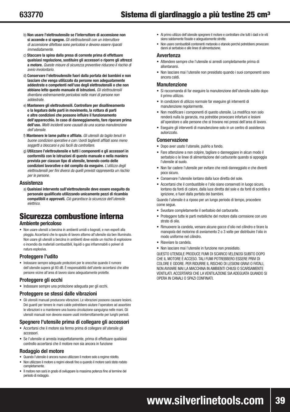 Sicurezza combustione interna, Assistenza, Ambiente pericoloso | Proteggere l'udito, Proteggere gli occhi, Proteggere se stessi dalle vibrazioni, Rodaggio del motore, Avvertenza, Manutenzione, Conservazione | Silverline Multi-Head Garden System 25cc User Manual | Page 40 / 54