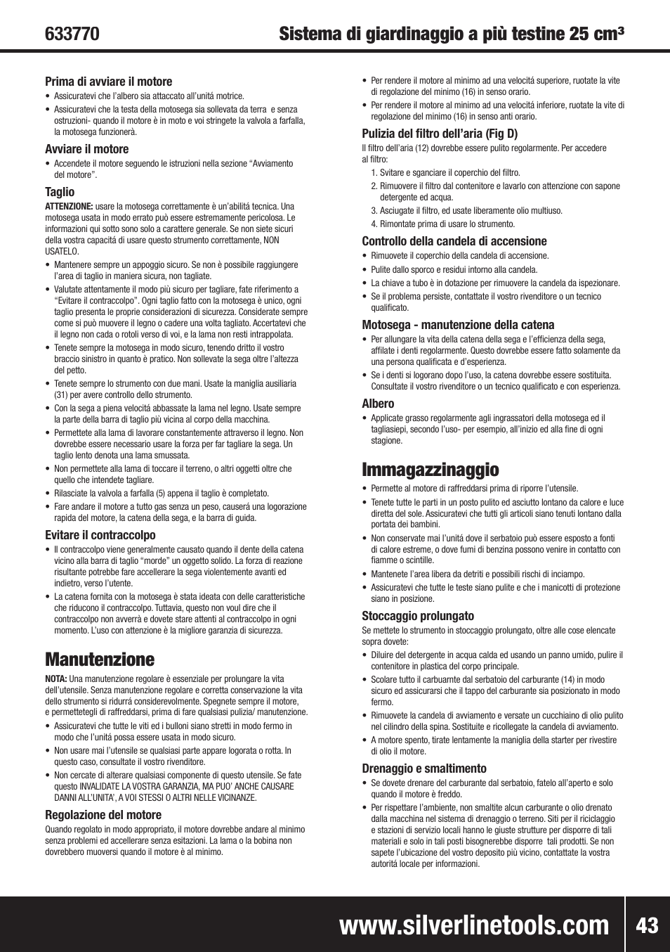 Manutenzione, Immagazzinaggio | Silverline Multi-Head Garden System 25cc User Manual | Page 44 / 54
