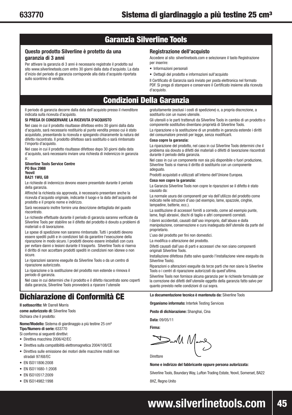 Dichiarazione di conformità ce | Silverline Multi-Head Garden System 25cc User Manual | Page 46 / 54