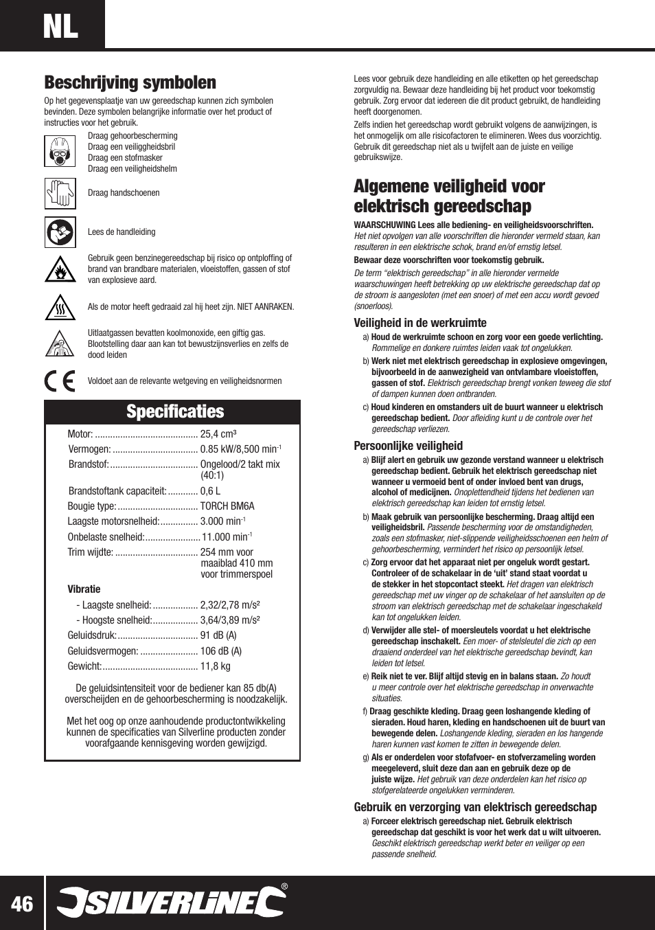 Algemene veiligheid voor elektrisch gereedschap, Specificaties, Beschrijving symbolen | Silverline Multi-Head Garden System 25cc User Manual | Page 47 / 54