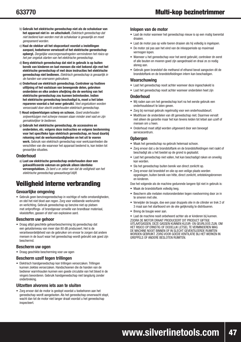 Veiligheid interne verbranding | Silverline Multi-Head Garden System 25cc User Manual | Page 48 / 54