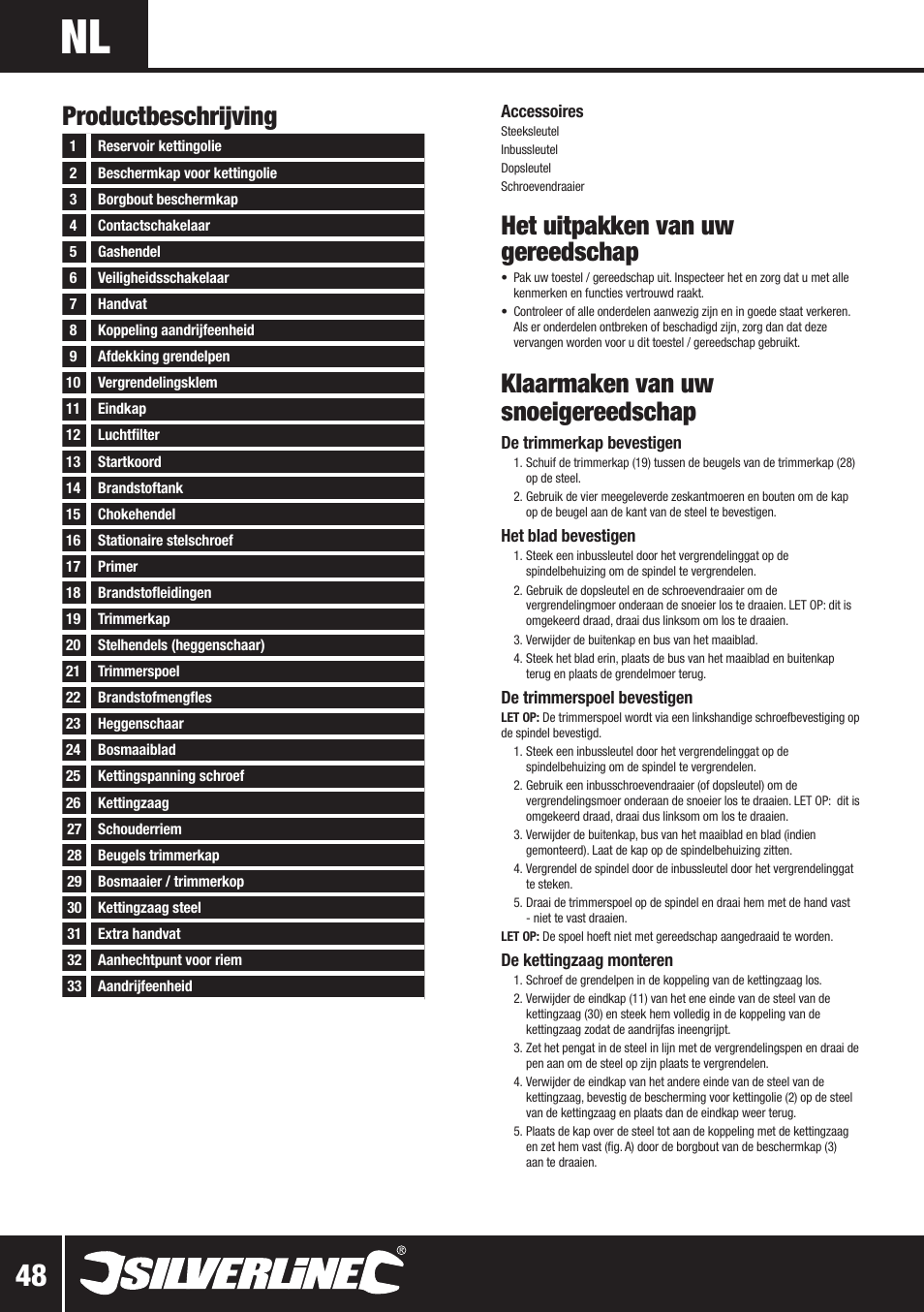 Productbeschrijving, Het uitpakken van uw gereedschap, Klaarmaken van uw snoeigereedschap | Silverline Multi-Head Garden System 25cc User Manual | Page 49 / 54