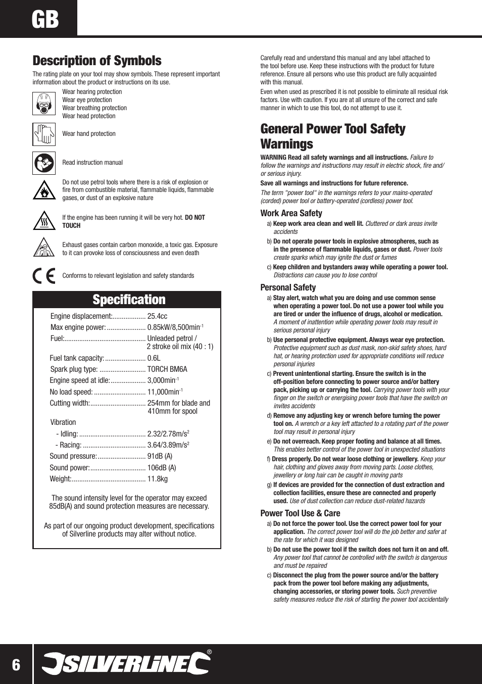 General power tool safety warnings, Specification, Description of symbols | Work area safety, Personal safety, Power tool use & care | Silverline Multi-Head Garden System 25cc User Manual | Page 7 / 54