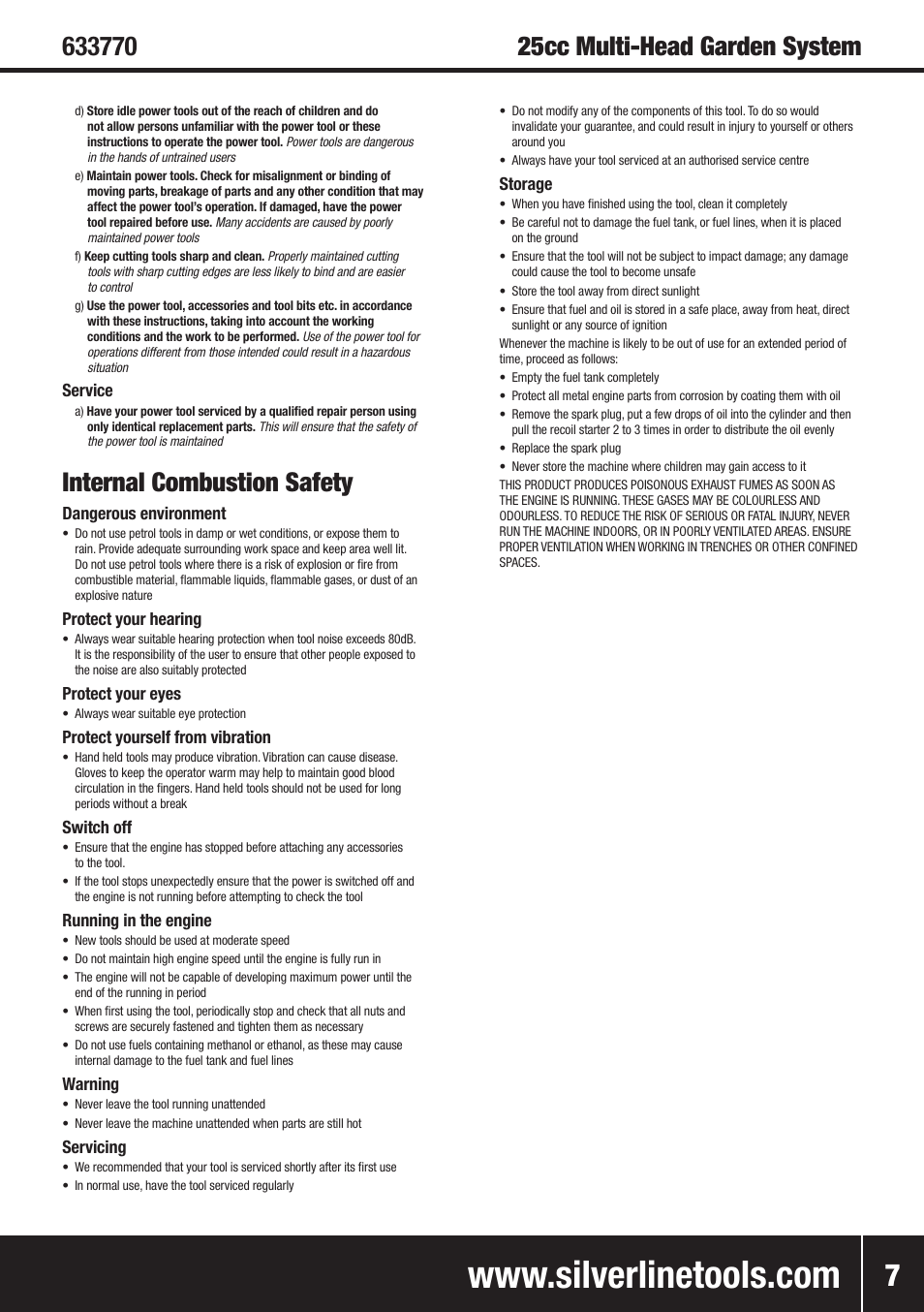 Internal combustion safety, 25cc multi-head garden system | Silverline Multi-Head Garden System 25cc User Manual | Page 8 / 54