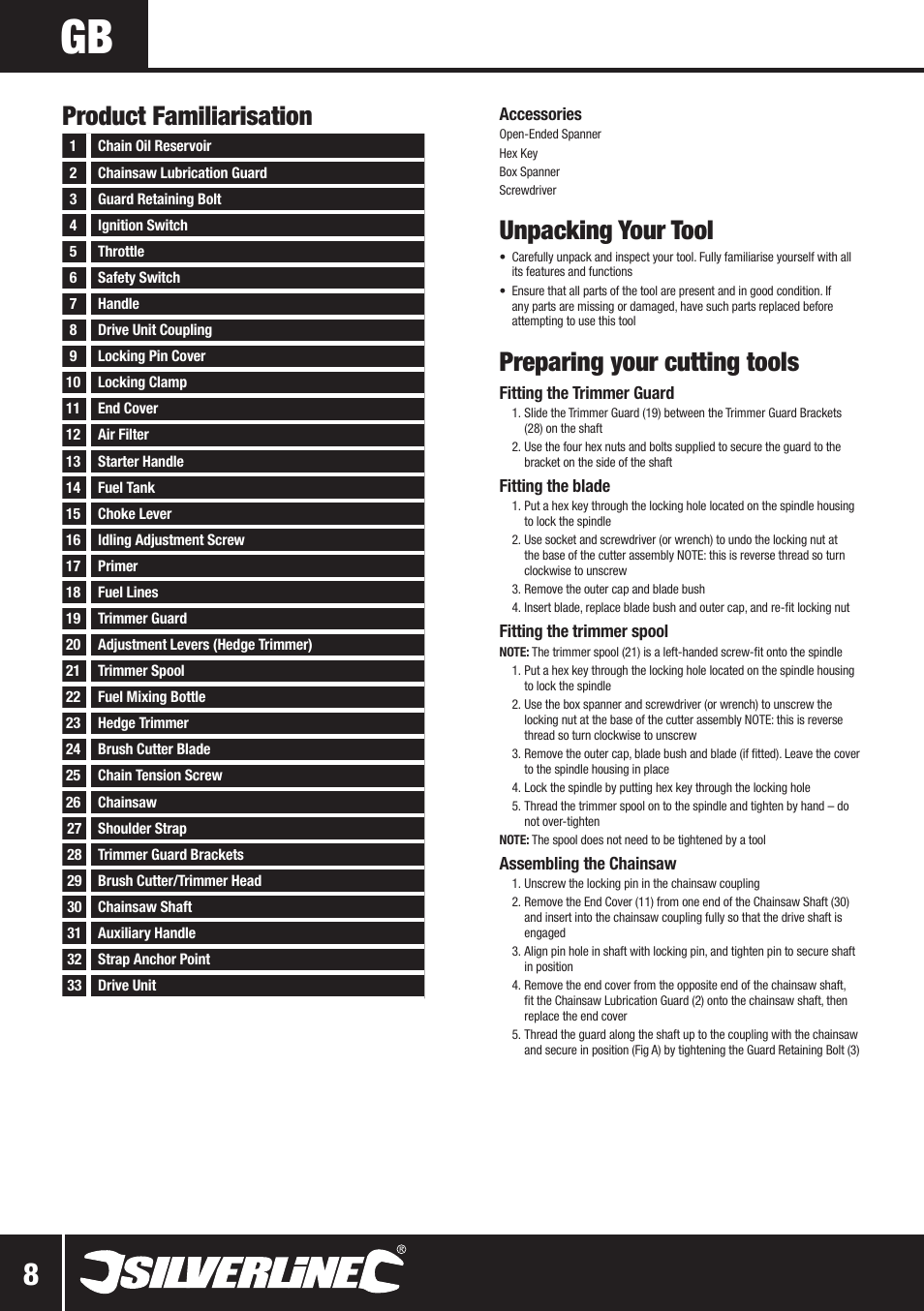 Unpacking your tool, Preparing your cutting tools, Product familiarisation | Silverline Multi-Head Garden System 25cc User Manual | Page 9 / 54