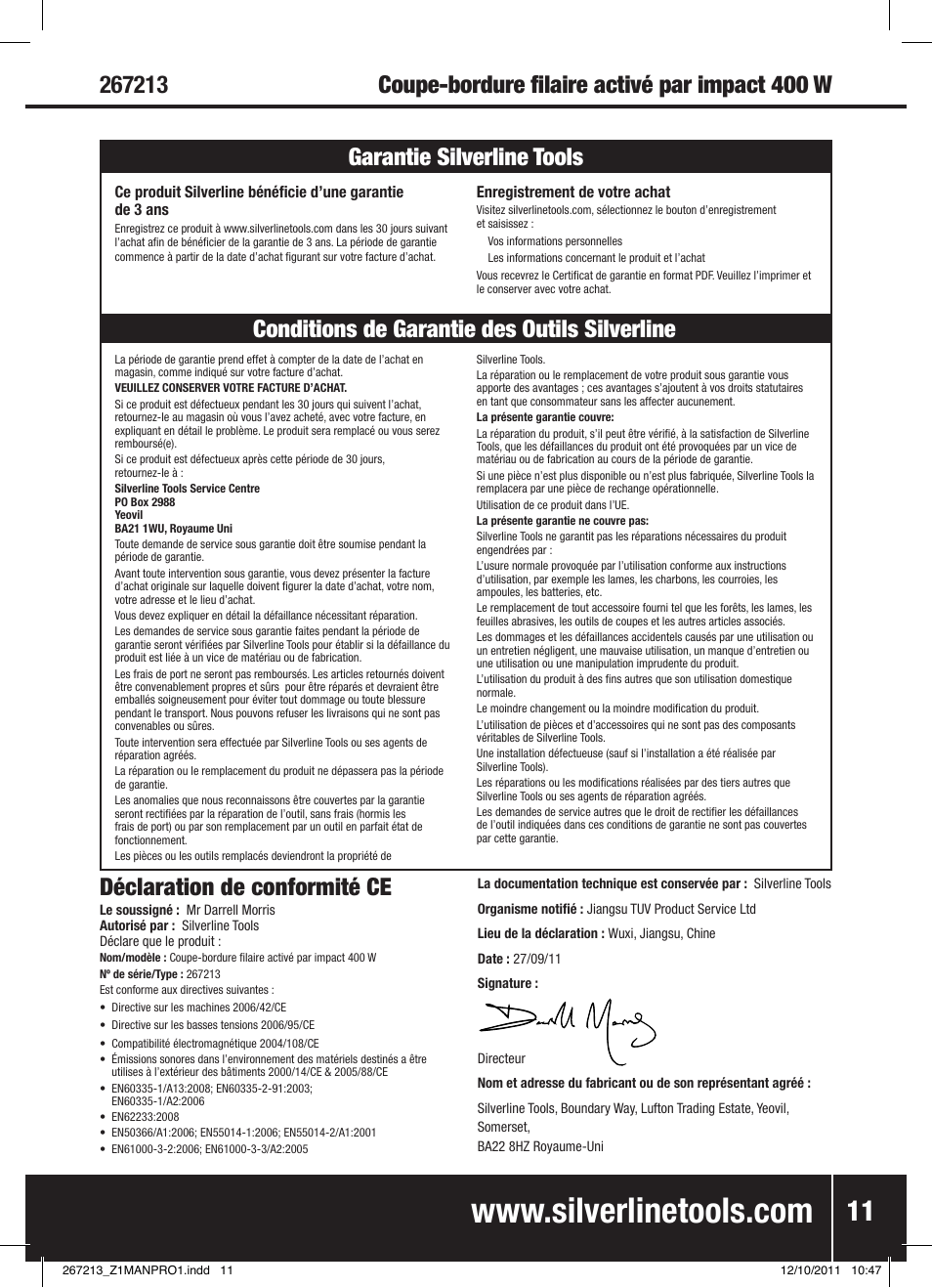Déclaration de conformité ce | Silverline Trimmer Bump Feed 400W User Manual | Page 12 / 28