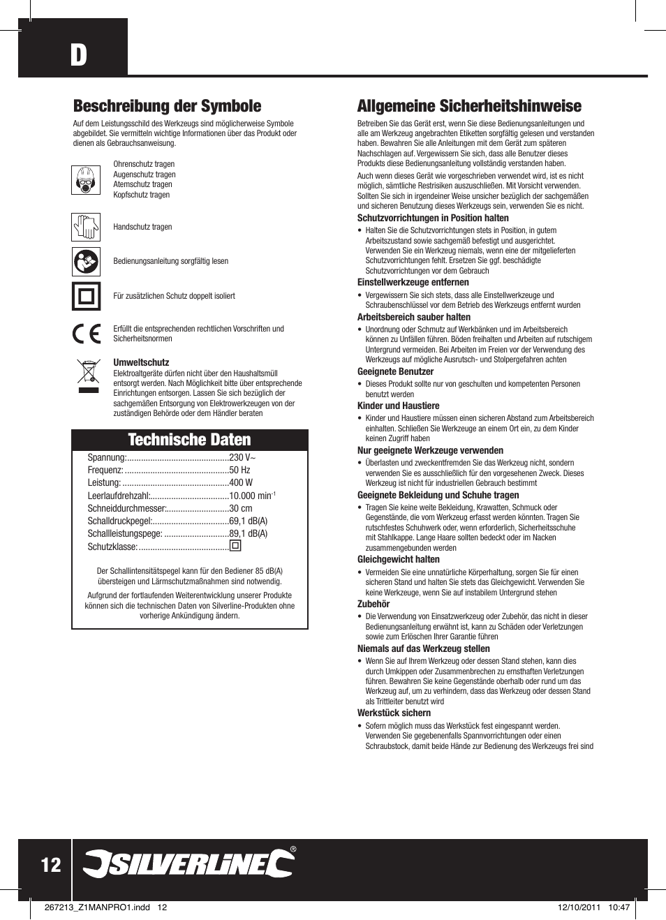Allgemeine sicherheitshinweise, Technische daten, Beschreibung der symbole | Silverline Trimmer Bump Feed 400W User Manual | Page 13 / 28