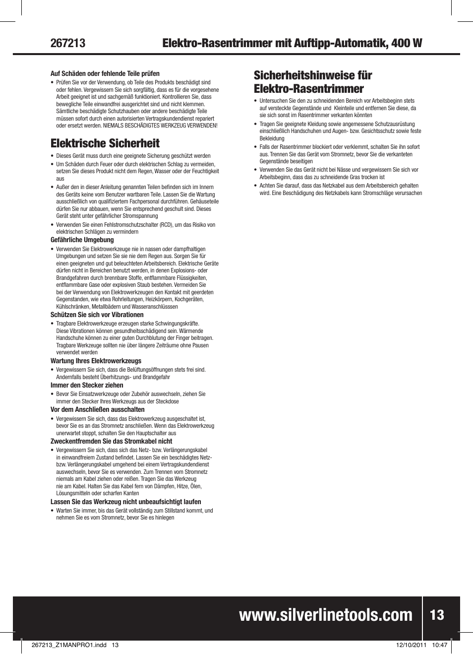 Elektrische sicherheit, Sicherheitshinweise für elektro-rasentrimmer | Silverline Trimmer Bump Feed 400W User Manual | Page 14 / 28