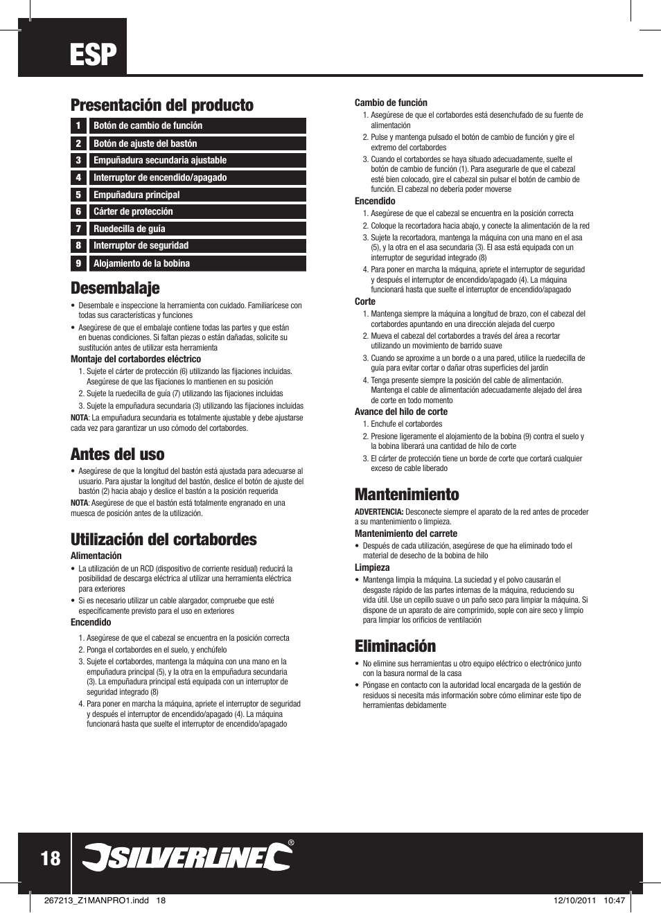 Desembalaje, Antes del uso, Utilización del cortabordes | Mantenimiento, Eliminación, Presentación del producto | Silverline Trimmer Bump Feed 400W User Manual | Page 19 / 28