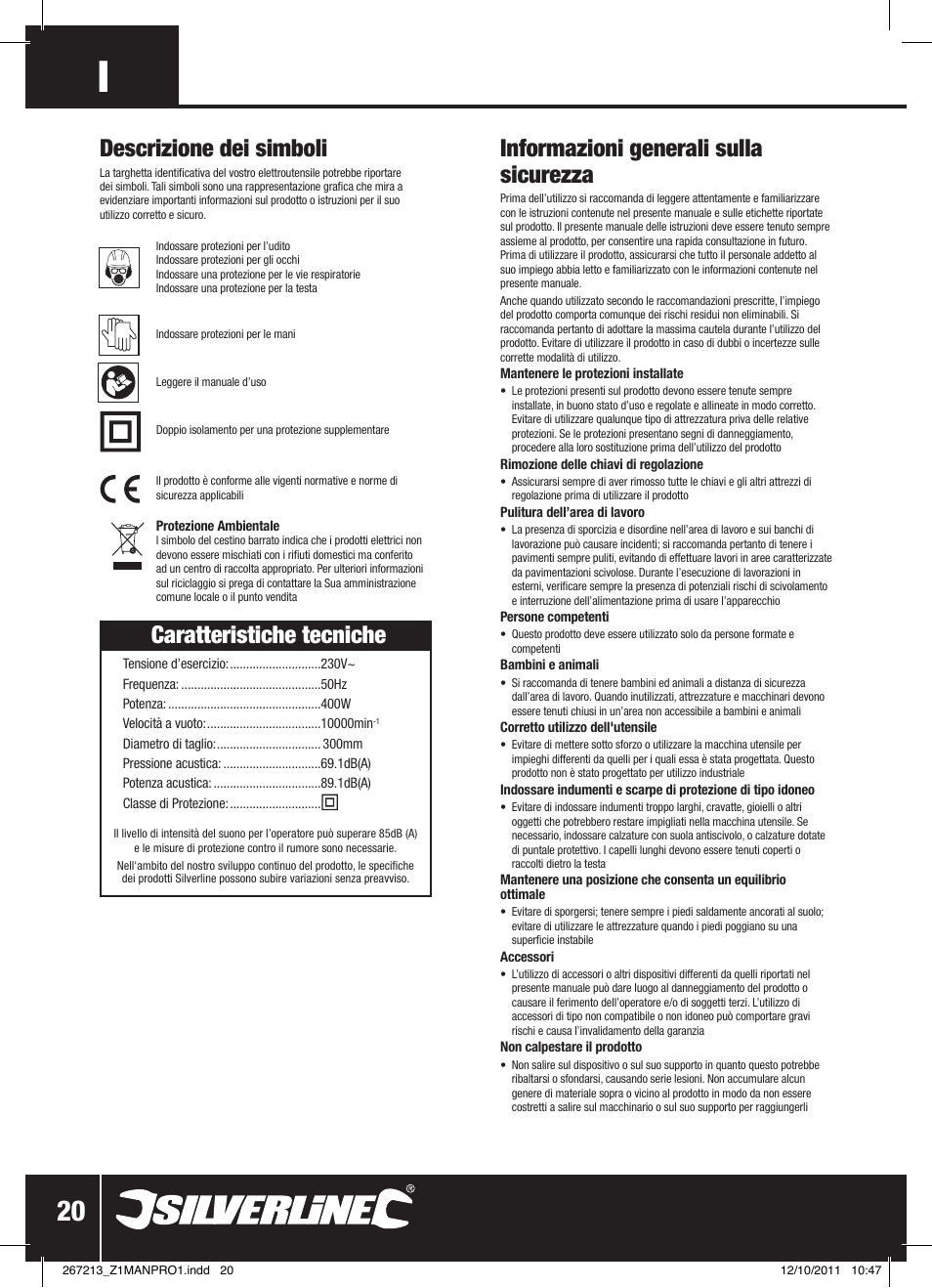 Informazioni generali sulla sicurezza, Caratteristiche tecniche, Descrizione dei simboli | Silverline Trimmer Bump Feed 400W User Manual | Page 21 / 28