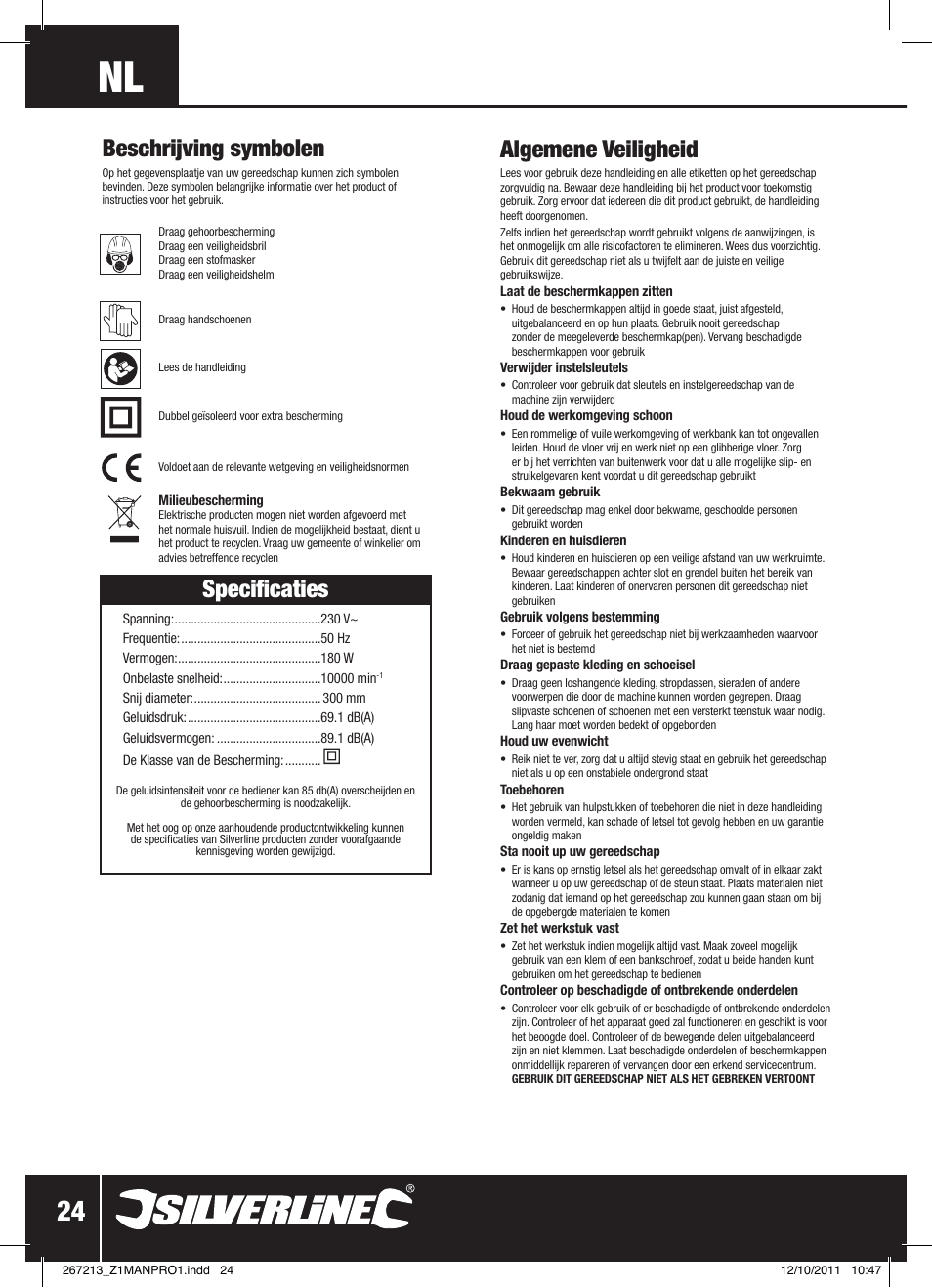 Specificaties, Algemene veiligheid, Beschrijving symbolen | Silverline Trimmer Bump Feed 400W User Manual | Page 25 / 28