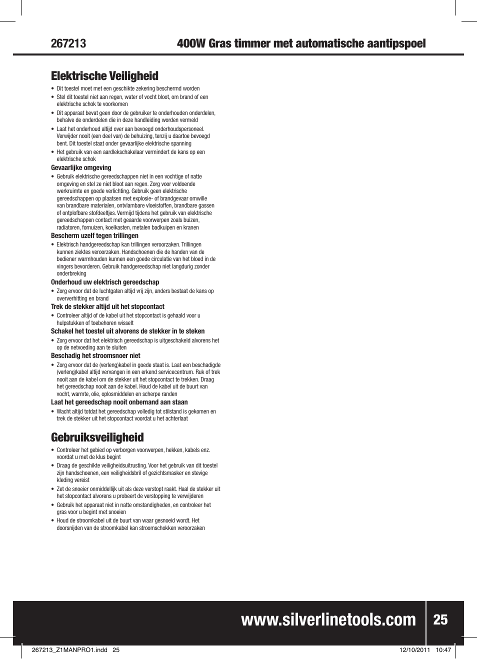 Gebruiksveiligheid | Silverline Trimmer Bump Feed 400W User Manual | Page 26 / 28