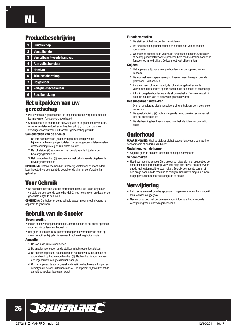 Het uitpakken van uw gereedschap, Voor gebruik, Gebruik van de snoeier | Onderhoud, Verwijdering, Productbeschrijving | Silverline Trimmer Bump Feed 400W User Manual | Page 27 / 28