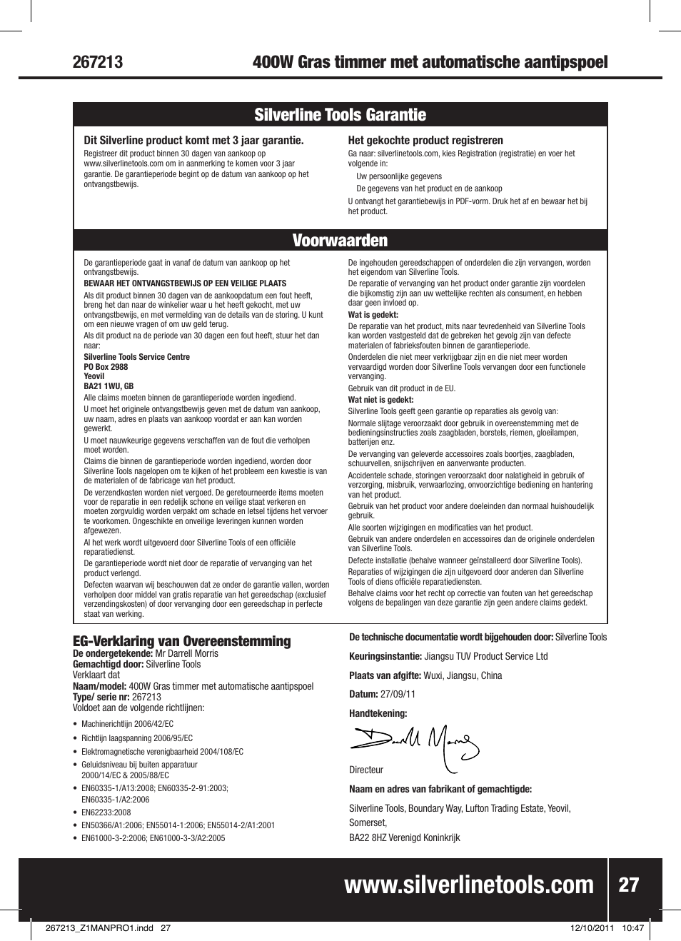 Voorwaarden silverline tools garantie, Eg-verklaring van overeenstemming | Silverline Trimmer Bump Feed 400W User Manual | Page 28 / 28