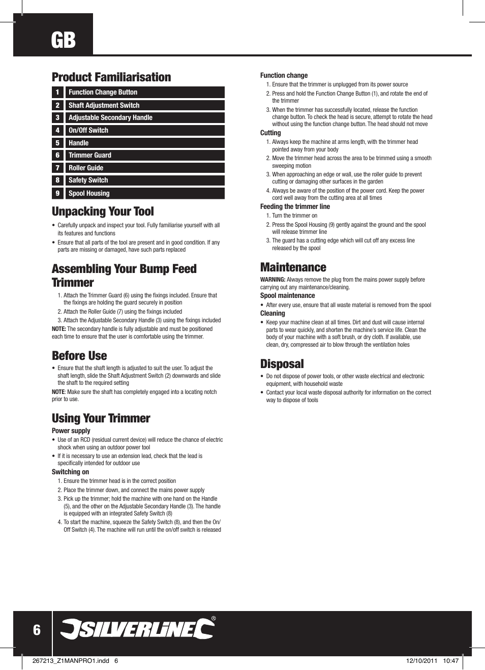 Unpacking your tool, Assembling your bump feed trimmer, Before use | Using your trimmer, Maintenance, Disposal, Product familiarisation | Silverline Trimmer Bump Feed 400W User Manual | Page 7 / 28