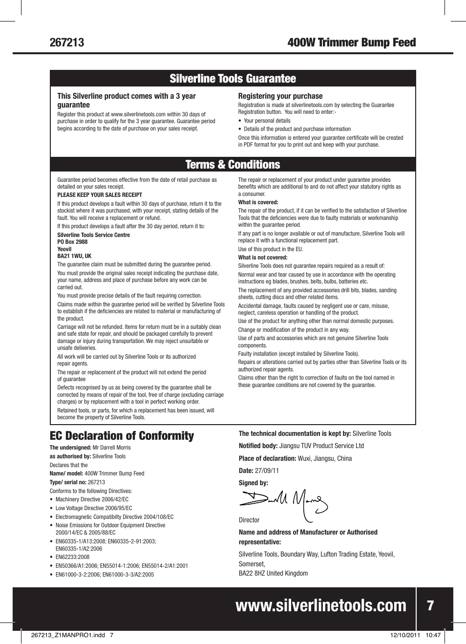 Ec declaration of conformity | Silverline Trimmer Bump Feed 400W User Manual | Page 8 / 28