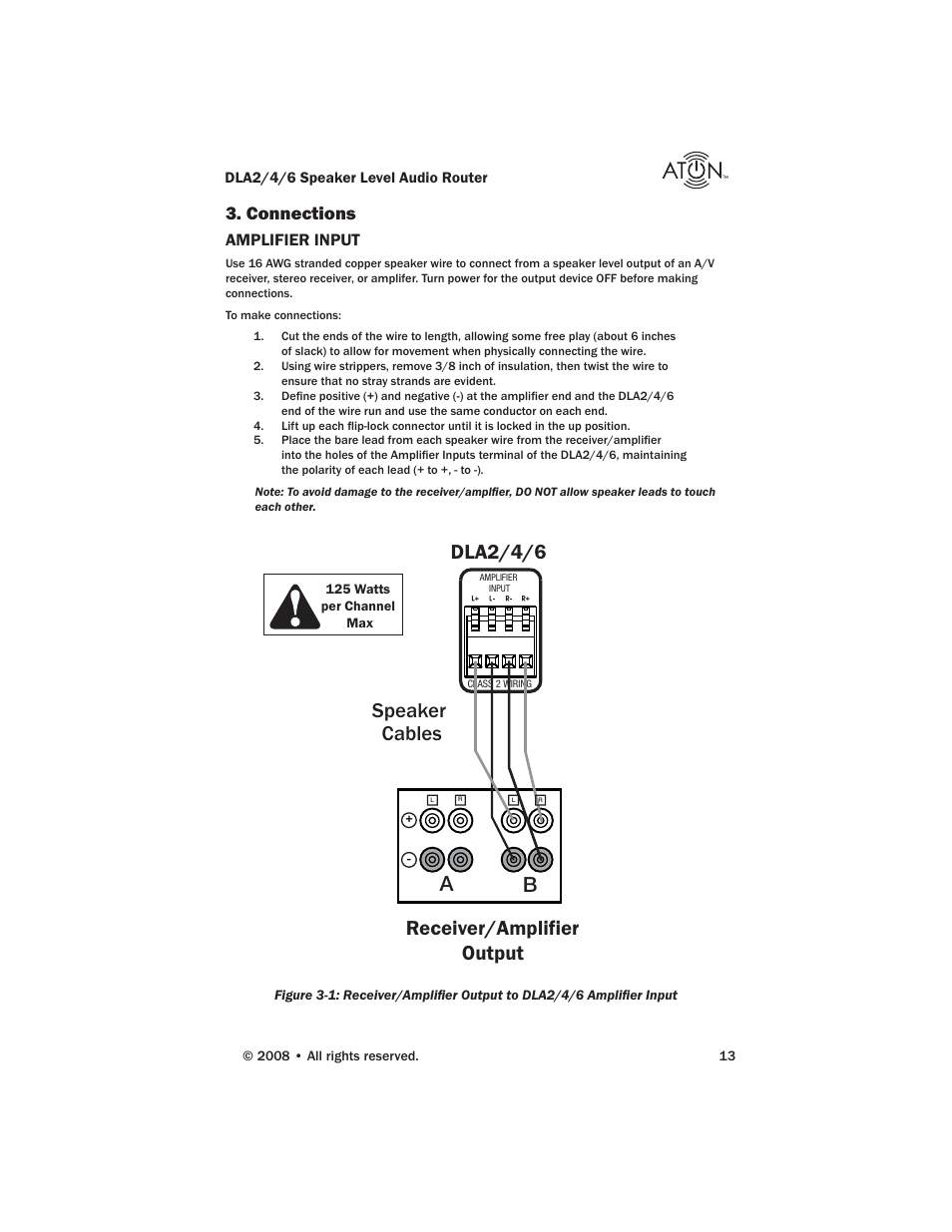 Speaker cables receiver/amplifier output dla2/4/6, Connections, Amplifier input | ATON DLA6 User Manual | Page 15 / 42
