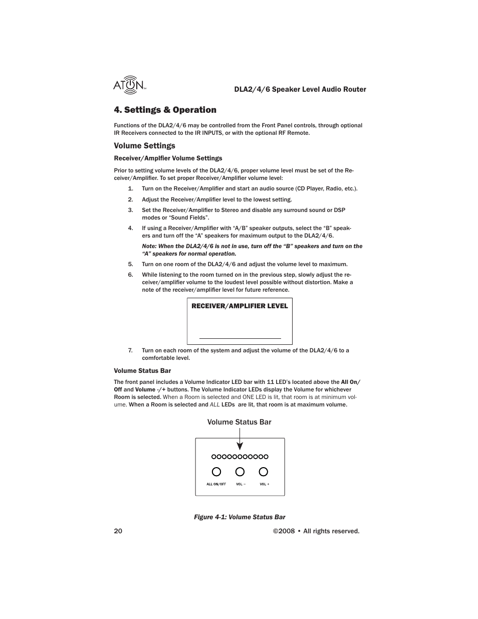 Settings & operation, Volume settings, Volume status bar | ATON DLA6 User Manual | Page 22 / 42