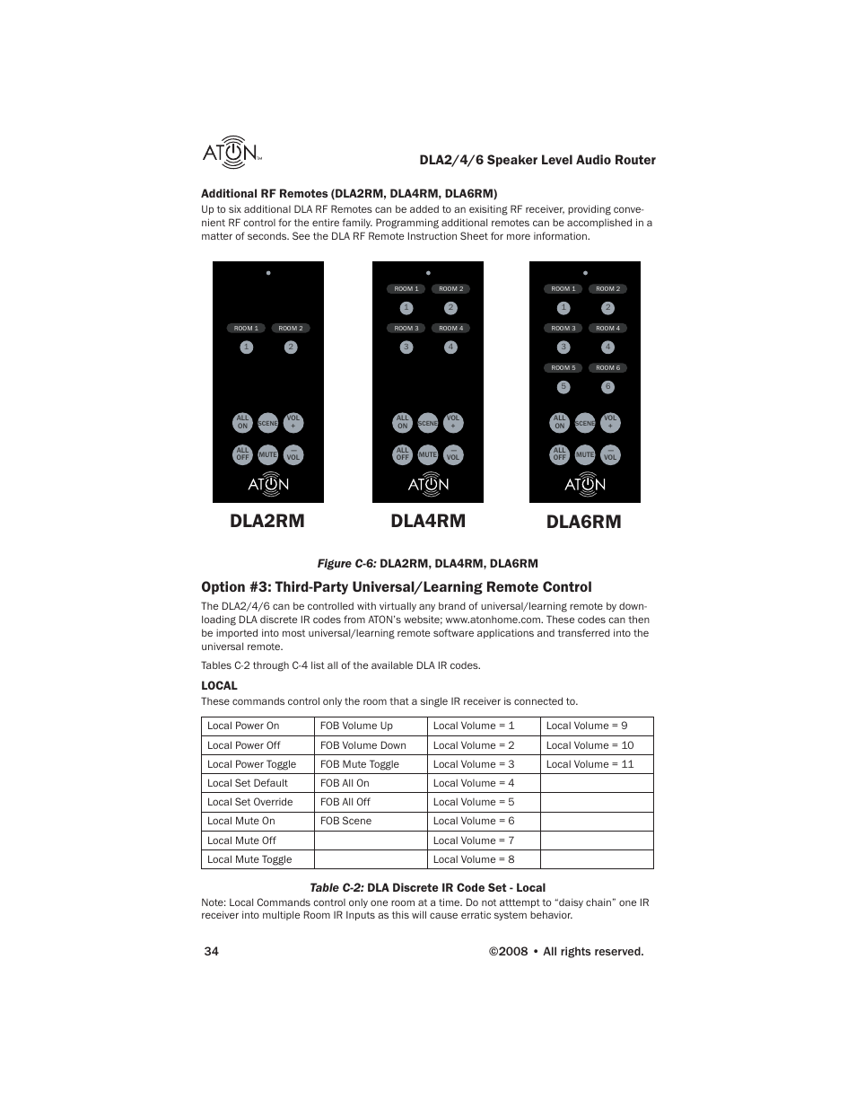 Dla2rm dla4rm dla6rm, Dla2/4/6 speaker level audio router, Additional rf remotes (dla2rm, dla4rm, dla6rm) | Figure c-6: dla2rm, dla4rm, dla6rm, Local, Table c-2: dla discrete ir code set - local | ATON DLA6 User Manual | Page 36 / 42