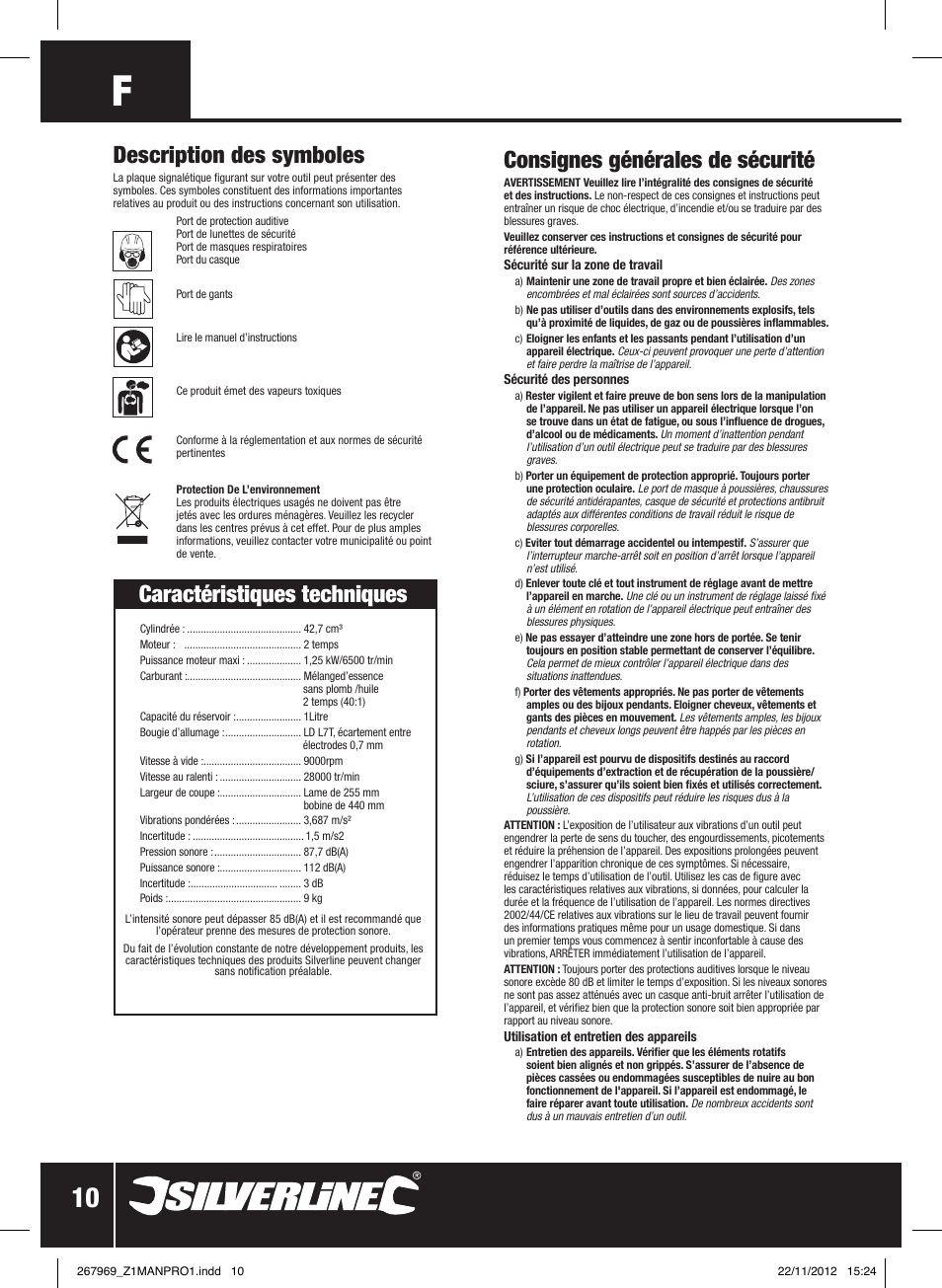 Consignes générales de sécurité, Description des symboles, Caractéristiques techniques | Silverline Brush Cutter Petrol 43cc User Manual | Page 11 / 40