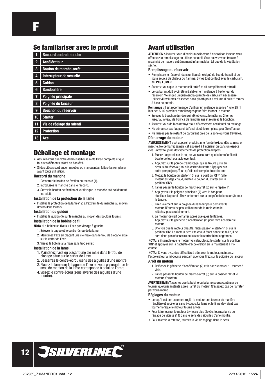 Déballage et montage, Se familiariser avec le produit, Avant utilisation | Silverline Brush Cutter Petrol 43cc User Manual | Page 13 / 40