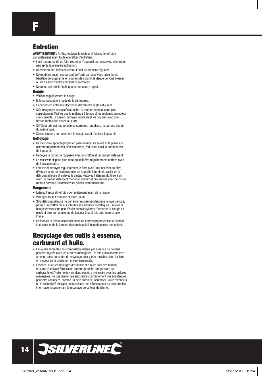 Entretien, Recyclage des outils à essence, carburant et huile | Silverline Brush Cutter Petrol 43cc User Manual | Page 15 / 40