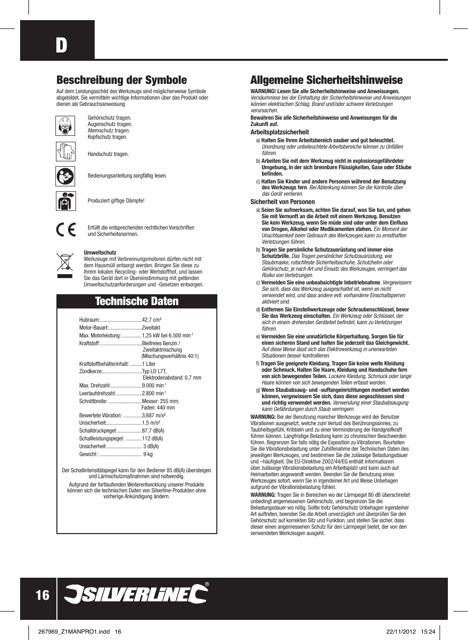 Allgemeine sicherheitshinweise, Beschreibung der symbole, Technische daten | Silverline Brush Cutter Petrol 43cc User Manual | Page 17 / 40