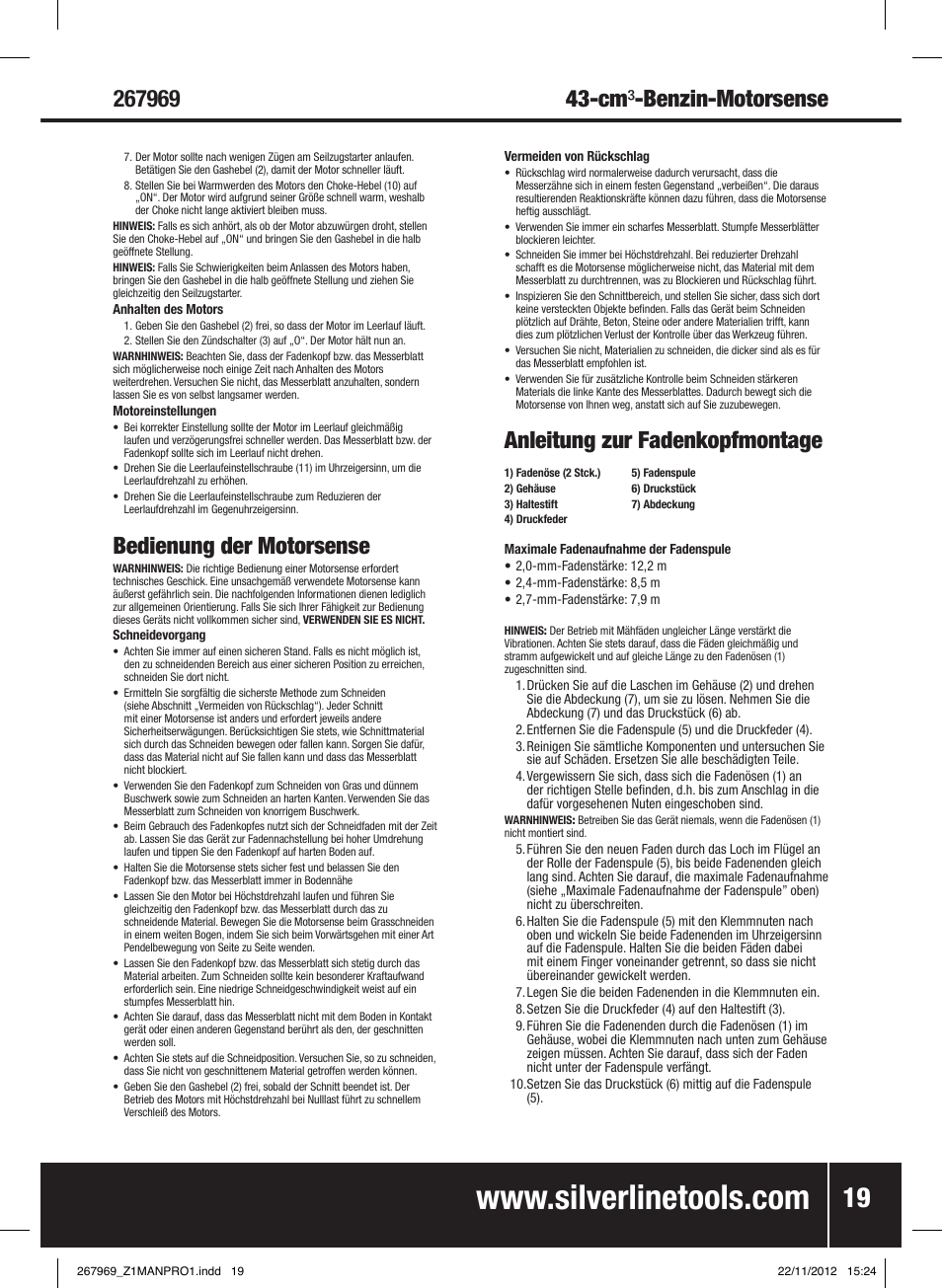 Anleitung zur fadenkopfmontage, Bedienung der motorsense | Silverline Brush Cutter Petrol 43cc User Manual | Page 20 / 40